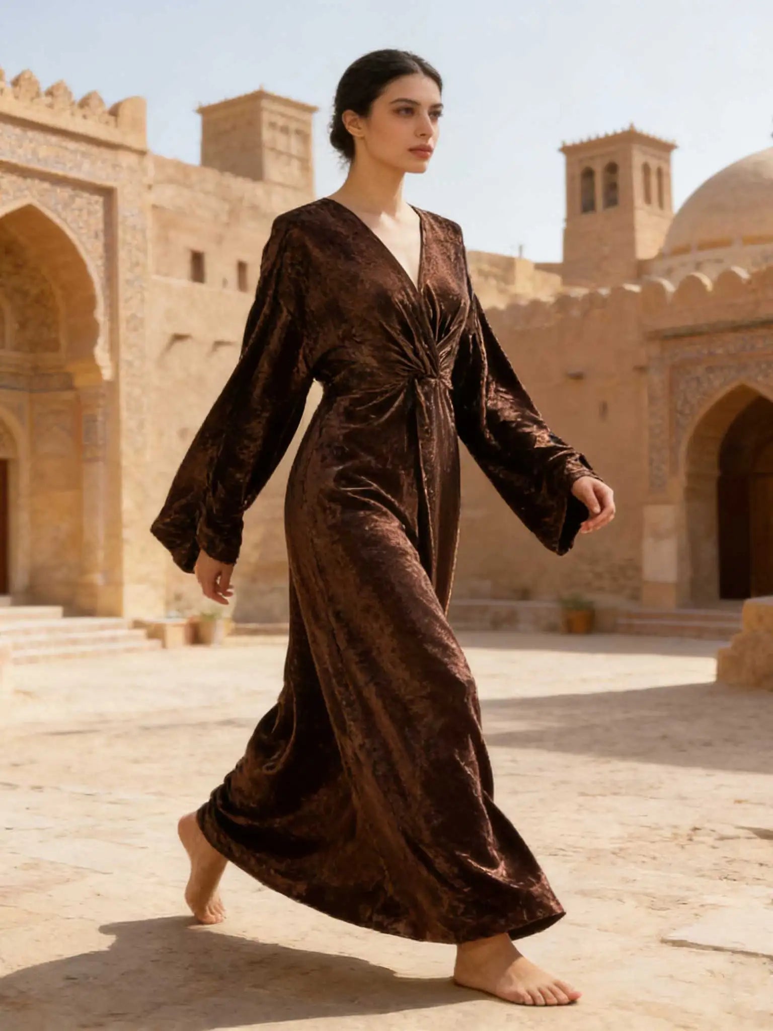 Elegant Golden Shiny Fabric V-Neck Twist Detail Batwing Sleeve Abaya Maxi Dress Women Muslim Moroccan Kaftan Ramadan Jalabiya
