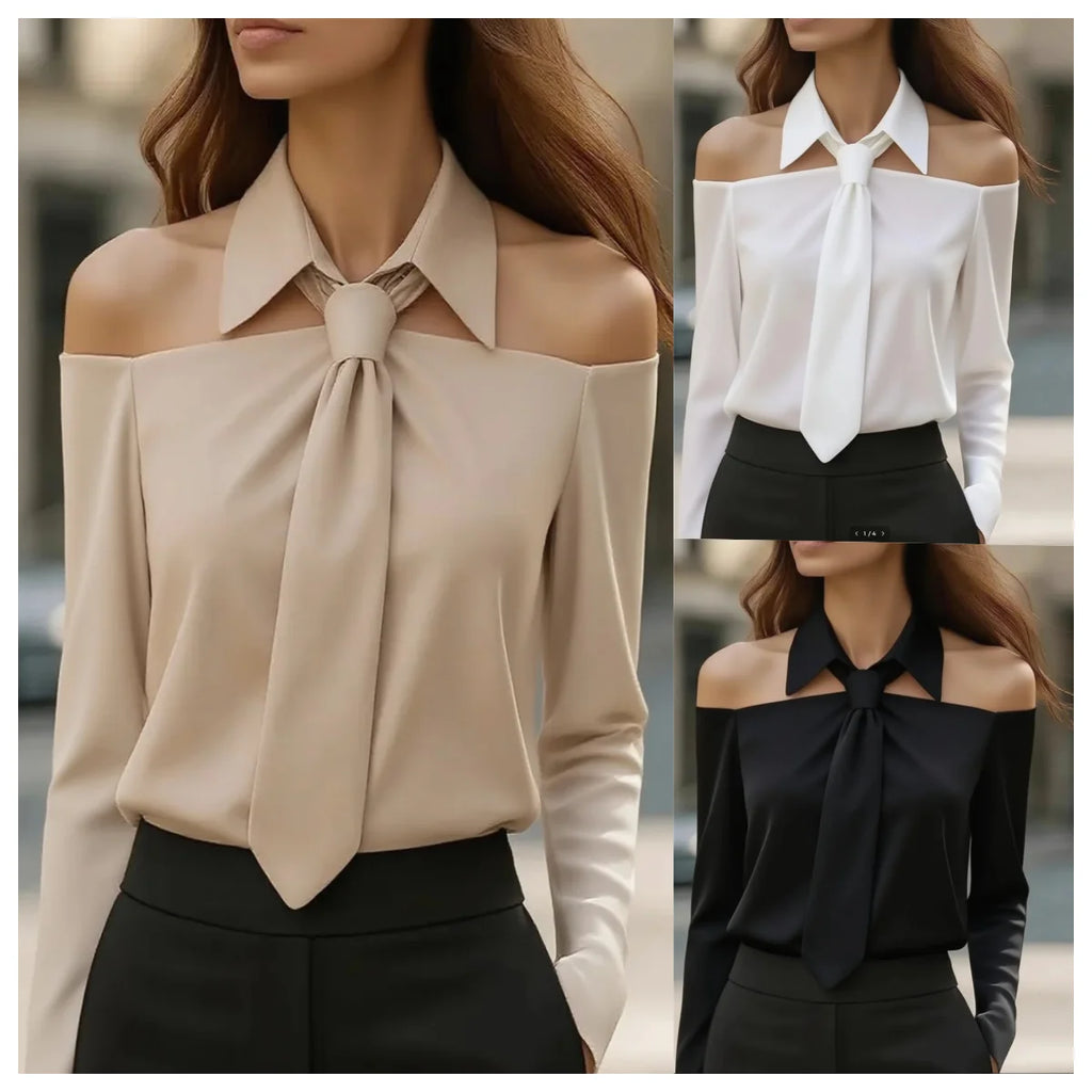 Solid Color Long-sleeved Lapel Off-shoulder Casual Shirt