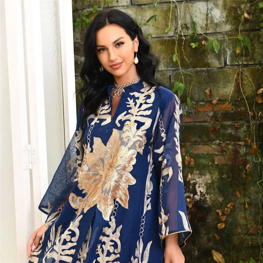 Muslim Abaya Dress Dubai Ramadan Sequins Floral Embroidered Moroccan Caftan Women Evening Gown Eid Djellaba Jalabiya Vestidos