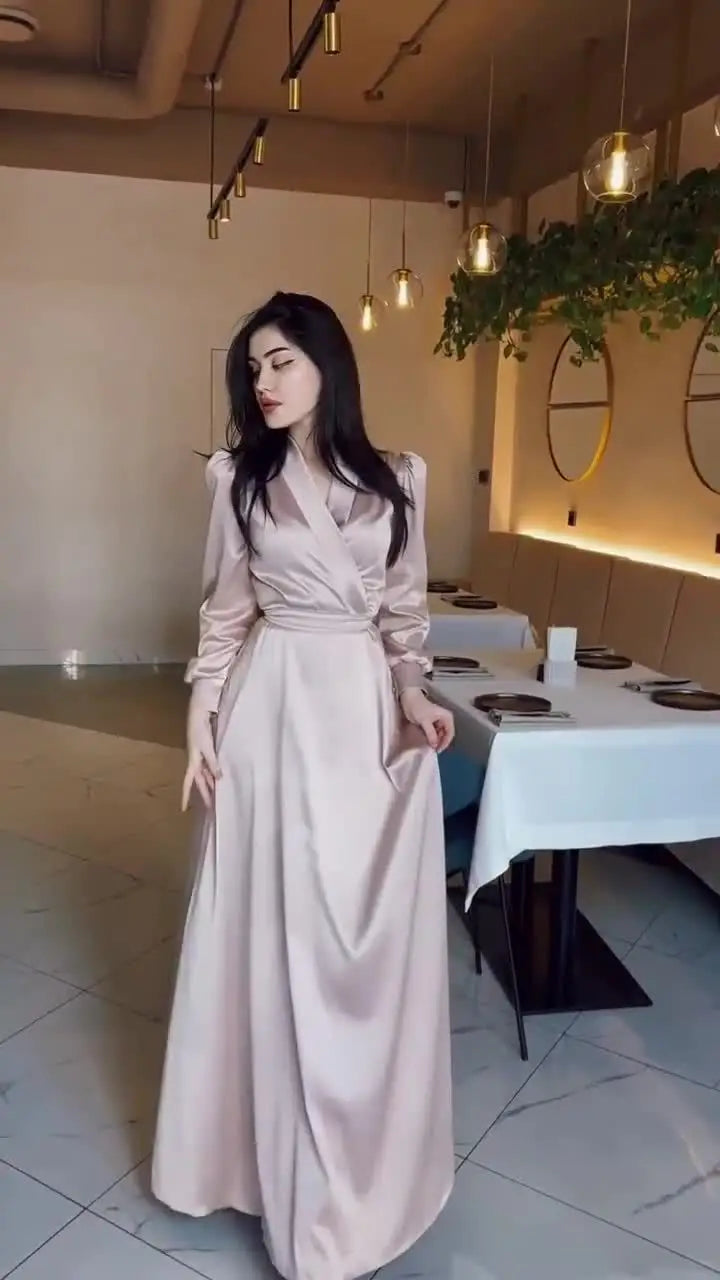 Women's Long Sleeve V-Neck Satin Dress Muslim Robe Dubai Abaya Turkey Party Gown Morocco Arab Clothes Modest Kaftan Fashion