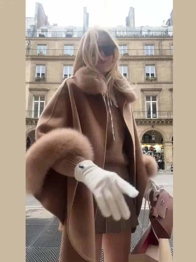 Elegant Fur Patchwork Shawl Coat Women Khaki Woolen Long Sleeve Lapel Open Stitch Loose Coats 2025 Fashion Autumn Winter Outwear
