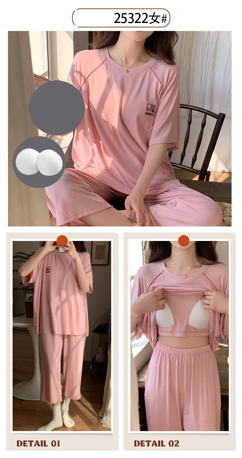 Female Loungewear Pijama Mujer Homewear Summer Nightwear Elegant Women's Pajama Sets Women With Breast Pad Femme Sleepwear