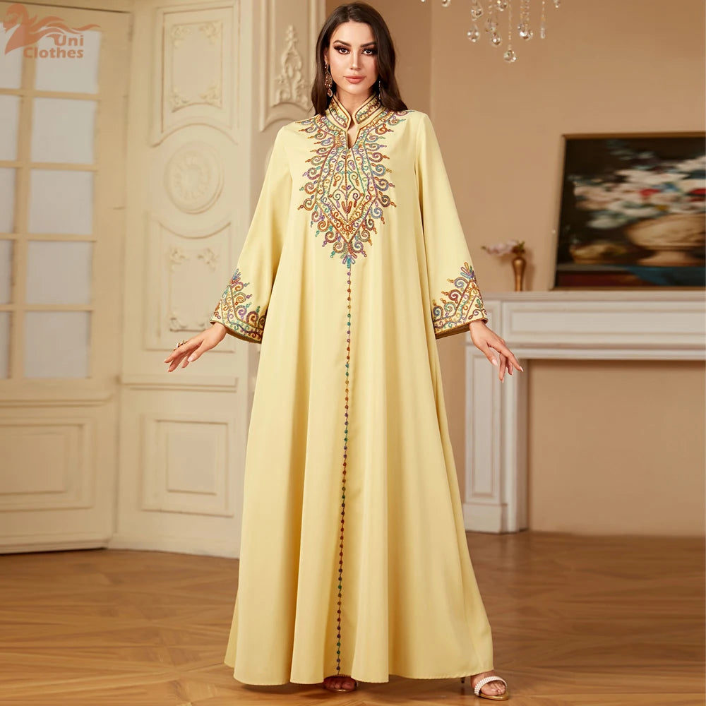 Uni Embroidery V-Neck Long Dress Dubai Arab Abaya For Muslim Woman Loose Moroccan Saudi Ethnic Jalabiya Fashion Robe 2026