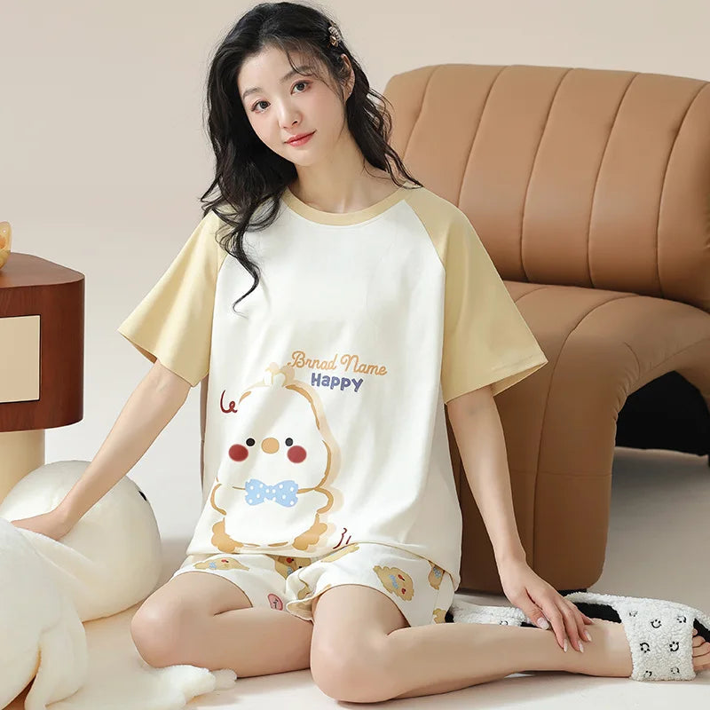 Female Summer Pijamas Short Women Cotton Pajamas Sleeve Shorts Nightwear Sweet Sleepwear Cartoon Pyjamas Woman Home Suit