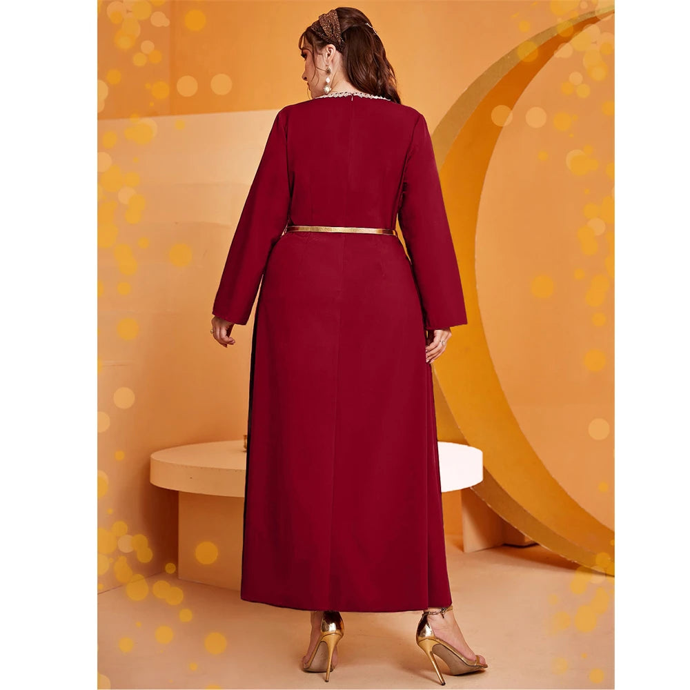 Women Fashion Muslim Embroidery Maxi Dress Belted Kaftan Marocain Abaya Dubai Gown Turkey Femme Caftan Ramadan Eid Jalabiya Robe
