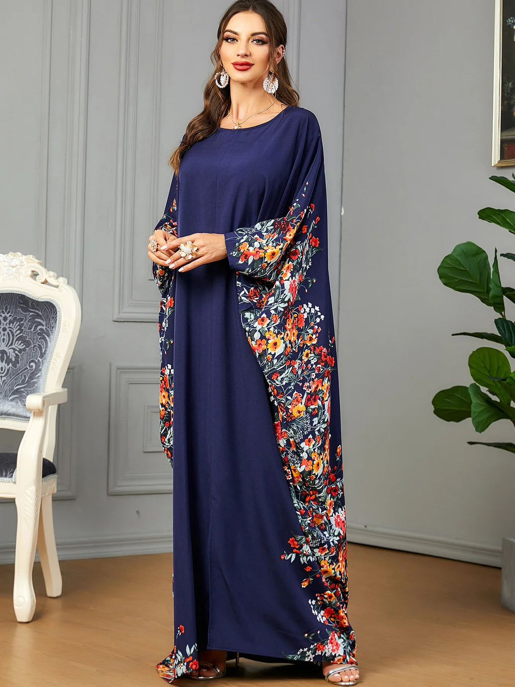 Eid Muslim Party Dress for Women Ramadan Abaya Bat Sleeve Print Long Robe Morocco Kaftan Vestidos Largos Dubai Jalabiya 2024