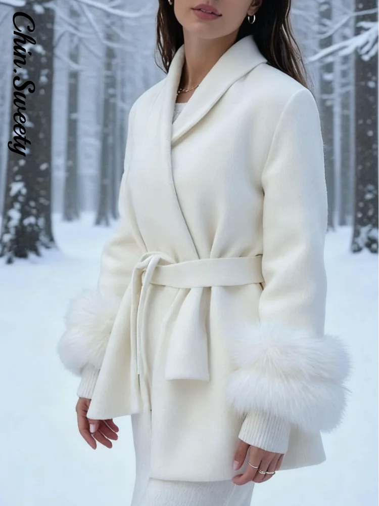 Elegant Fur Shawl Women's Coat Long Sleeve Patchwork Woolen Lace Up V-neck Solid Female Coats 2025 Autumn Winter Lady Jackets
