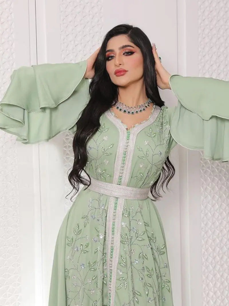 India Turkey Muslim Abaya Ramadan Eid Women Elegant Diamond Wedding Evening Party Dress Belted Jalabiya Gown Morocco Caftan Robe