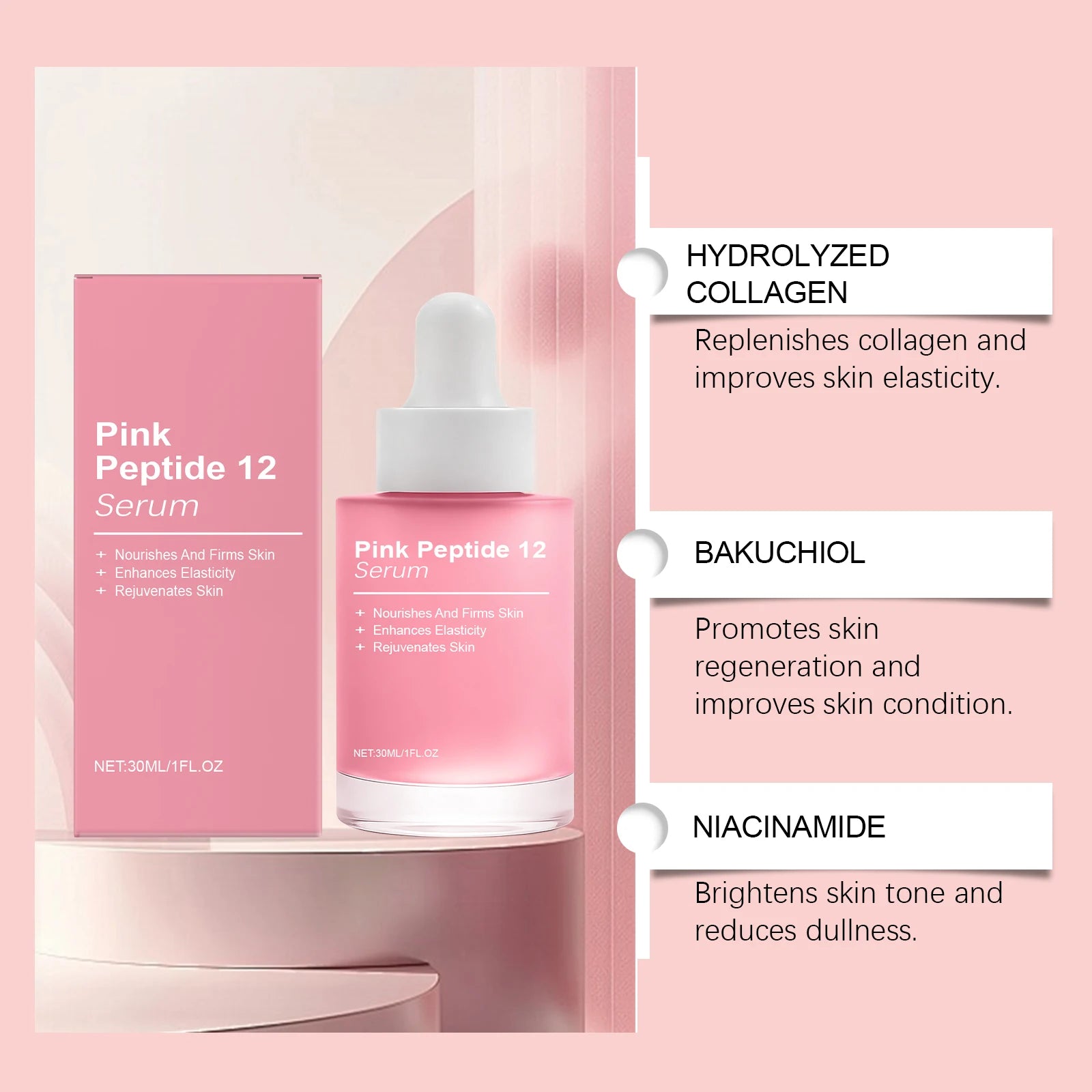 Pink Peptide 12 Facial Serum Niacinamide Hydration Firm-Looking Skin Uneven Tone Care Glass Skin Korean Skincare Face Essence