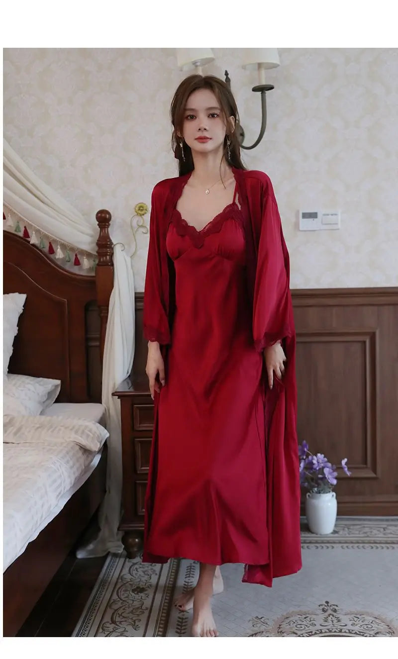 Sexy Ladies Silk Homewear French Pajamas Women's Spring And Fall Senior Ice Silk Extra-long Nightgown Wedding Bride Robe