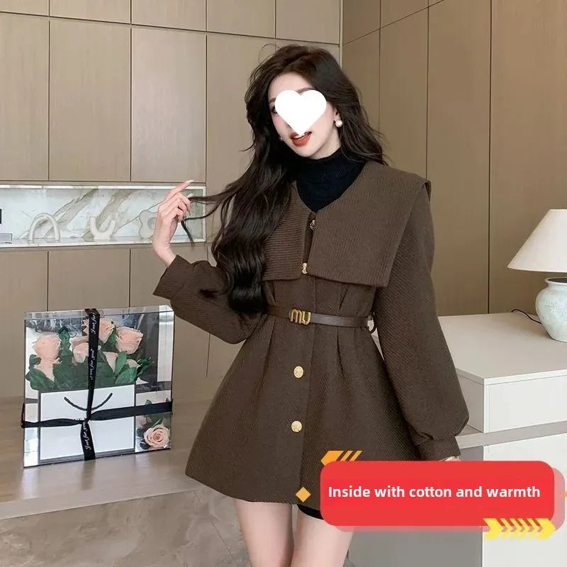 2024 Early Spring New Slimming Fashion Women's Petite Medium-Length Jacket Elegant Navy Neck Slim Fit Wool Blend Coat