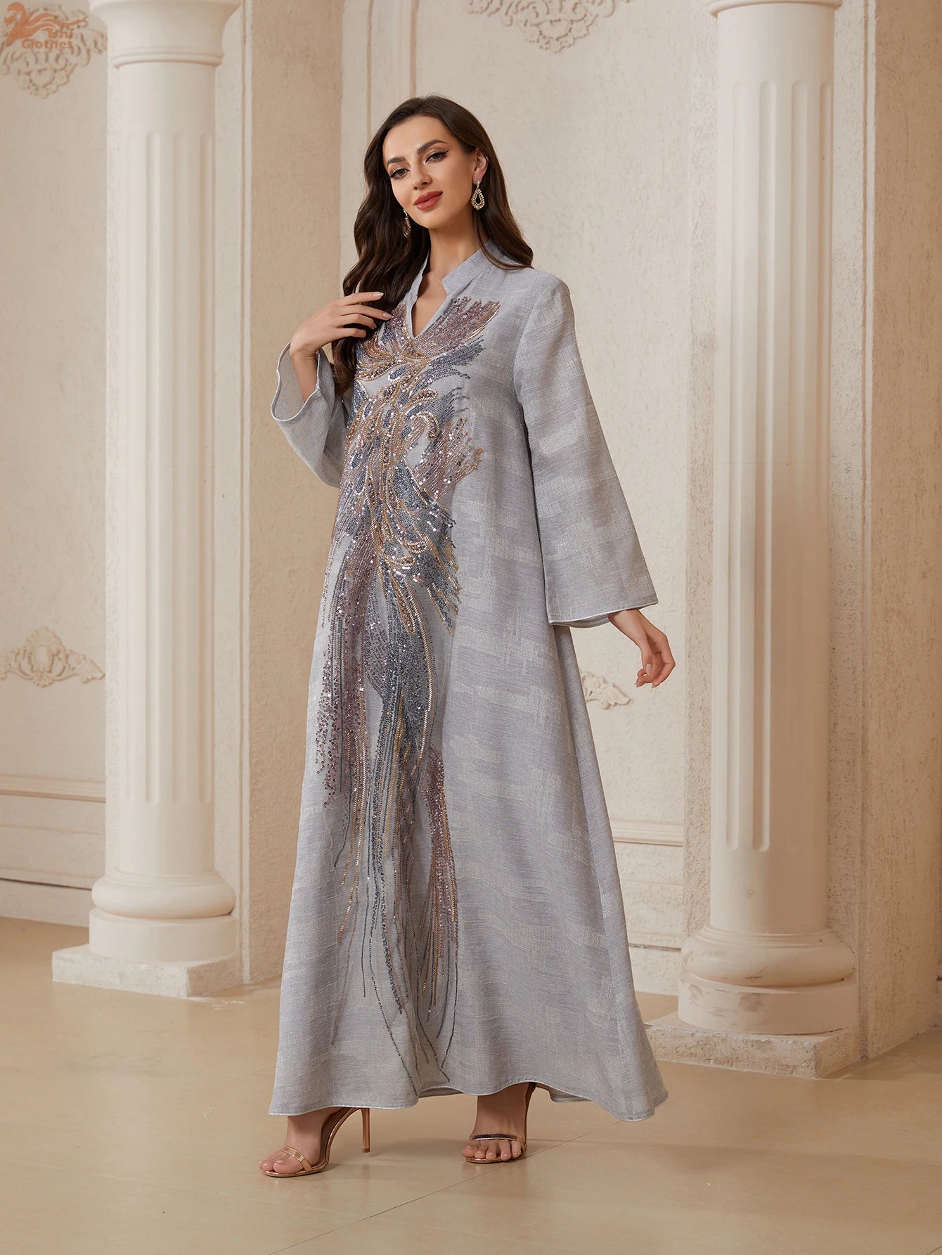 Uni Dubai Sequins Embroidery Luxury Woman Evening Dress Mesh Sleeve Abaya V-Neck Beaded Caftan Marocain Femme 2025