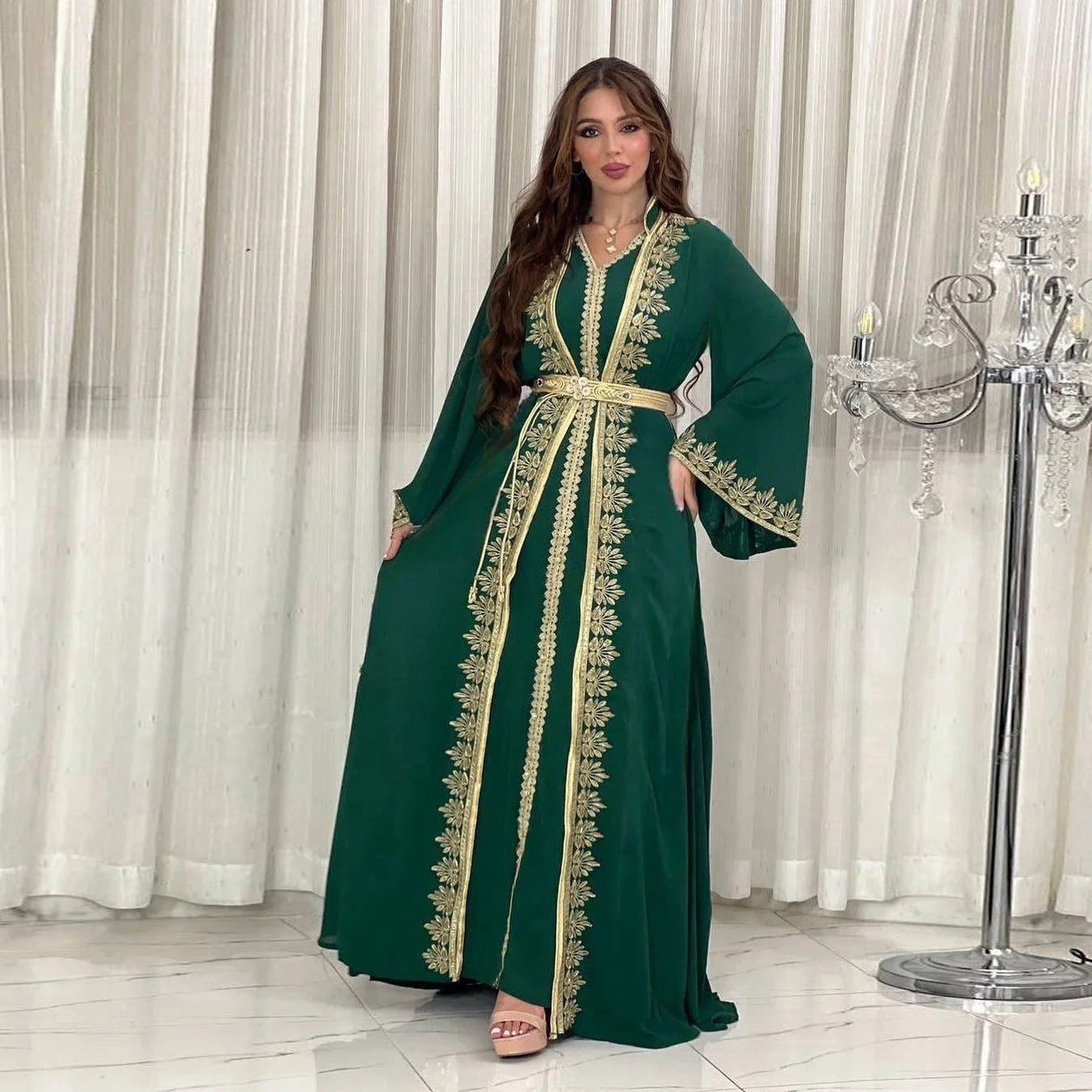 Dress Suit Women Eid Muslim Abaya Party Dresses 2 Piece Sets Embroidery Sashes Ramadan Dubai Kaftan Vestidos Jalabiya Long Robe