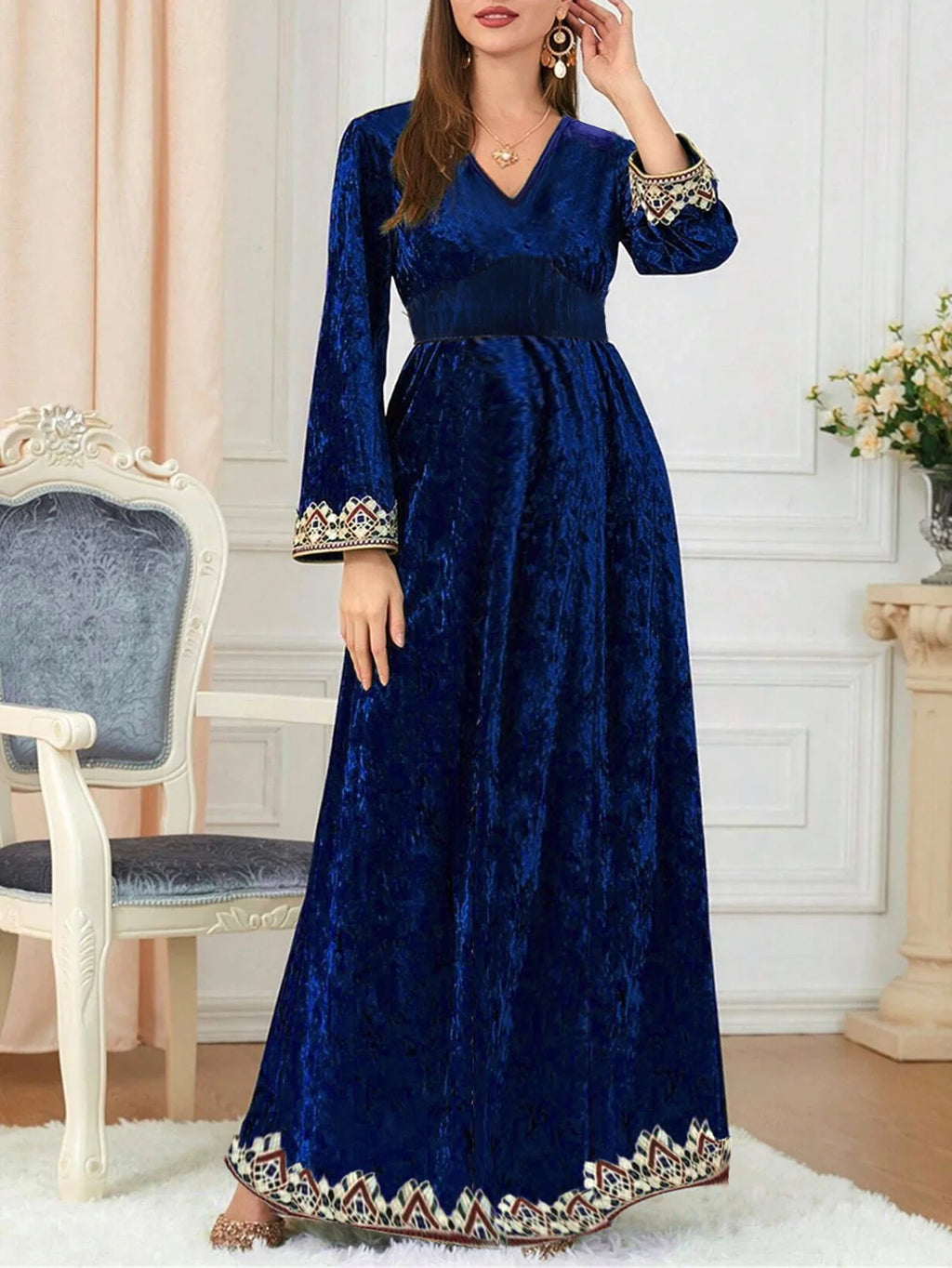 SuperAen Fashion Autumn and Winter New Dress Velvet Fashionable Elegant V-neck Pullover Long A-line Dresses