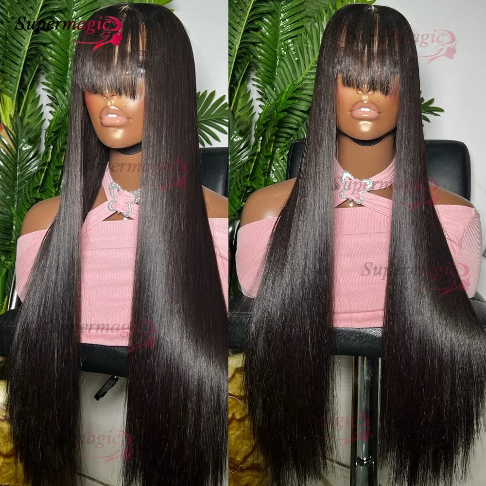 Raw Indian Bone Straight Human Hair With Bangs 4x4 Lace Middle Part Wigs For Black Women Brazilian 30 32 Inch Cheap Glueless Wig