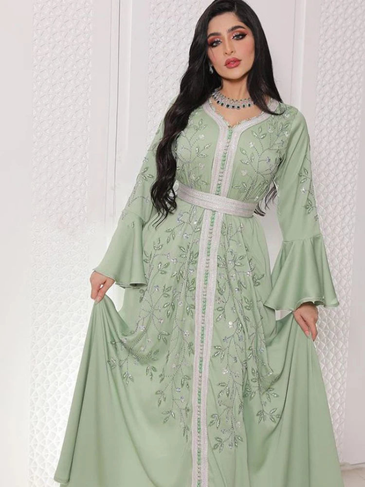 India Turkey Muslim Abaya Ramadan Eid Women Elegant Diamond Wedding Evening Party Dress Belted Jalabiya Gown Morocco Caftan Robe
