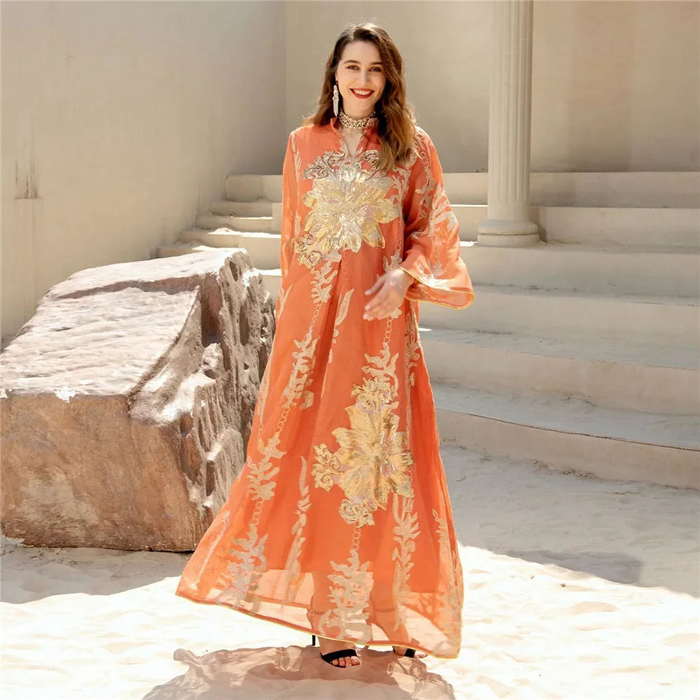 Muslim Abaya Dress Dubai Ramadan Sequins Floral Embroidered Moroccan Caftan Women Evening Gown Eid Djellaba Jalabiya Vestidos