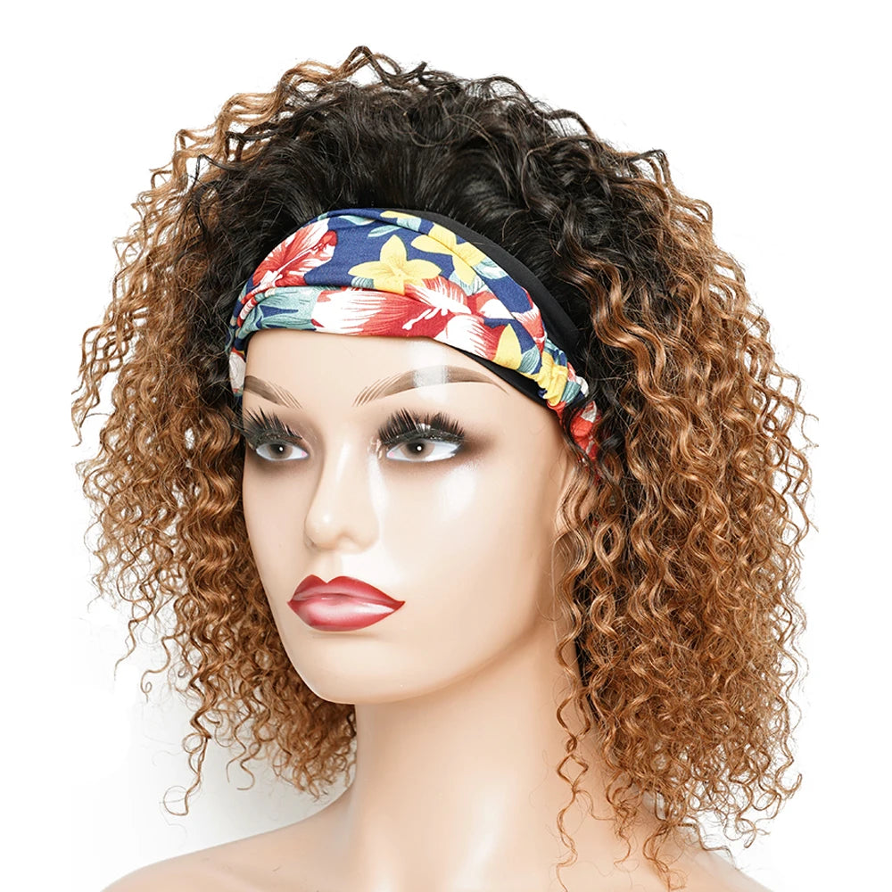 220% Density Glueless Human Hair Wigs for Women Short Curly Headband Wig Ombre 1B 30 Jerry Curly Wear Go Wig Ginger Brown Bobbi