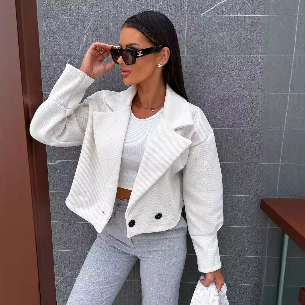 2024 autumn and winter fashion versatile suit collar solid colour short tweed jacket women