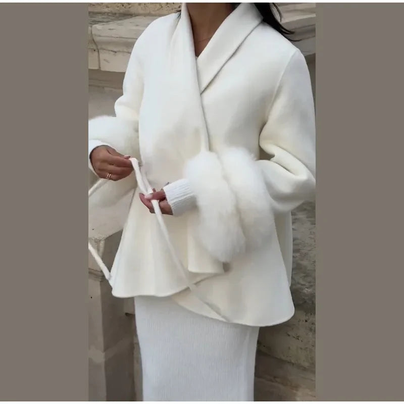 Elegant Fur Shawl Women's Coat Long Sleeve Patchwork Woolen Lace Up V-neck Solid Female Coats 2025 Autumn Winter Lady Jackets