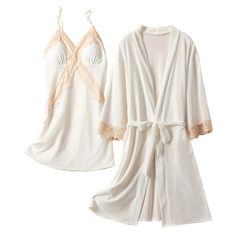 Pajama Set Woman Thick Flannel Velvet Female Fall Sexy Lace Long-sleeved Suit With Corset Pads Sling Nightgown Robe Homewear