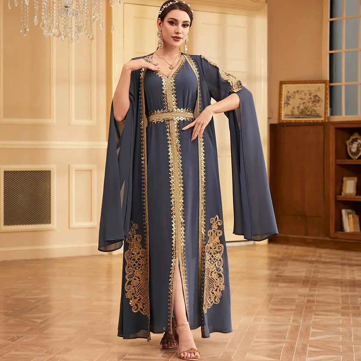 Dubai Embroidery Open Kimono Abaya Vest Dress Set Muslim Women Party Dresses Kaftan Islam Clothing Evening Arab Djellaba Caftan