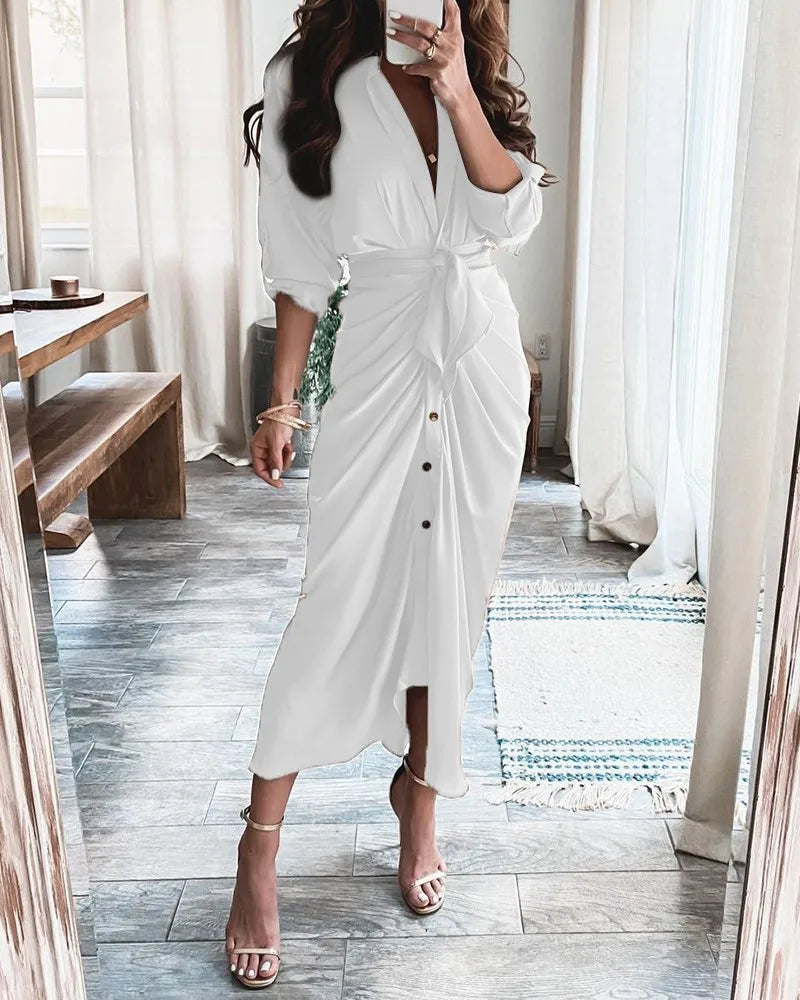 Summer Bandage Shirt Women Fashion Button Ruched Dress Casual Short Sleeve Printed Dress Female Elegant Party Dress Robe