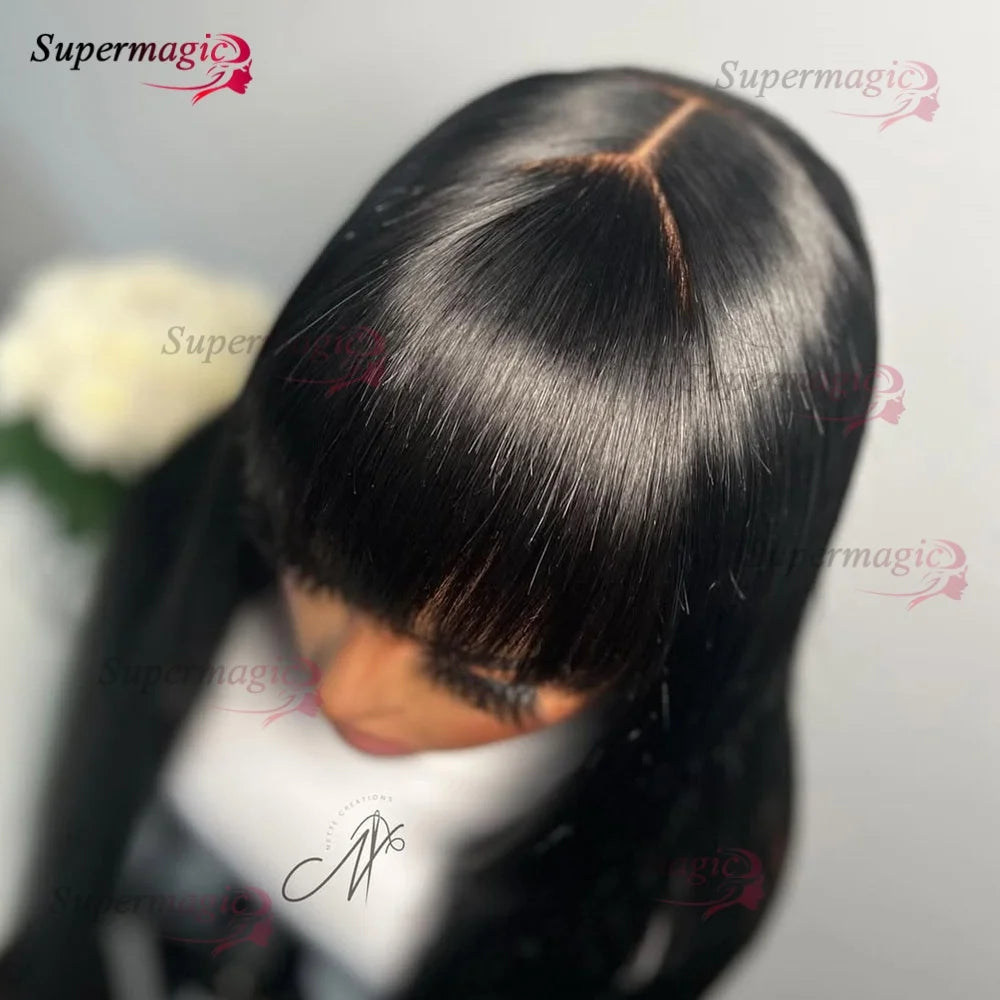 Raw Indian Bone Straight Human Hair With Bangs 4x4 Lace Middle Part Wigs For Black Women Brazilian 30 32 Inch Cheap Glueless Wig