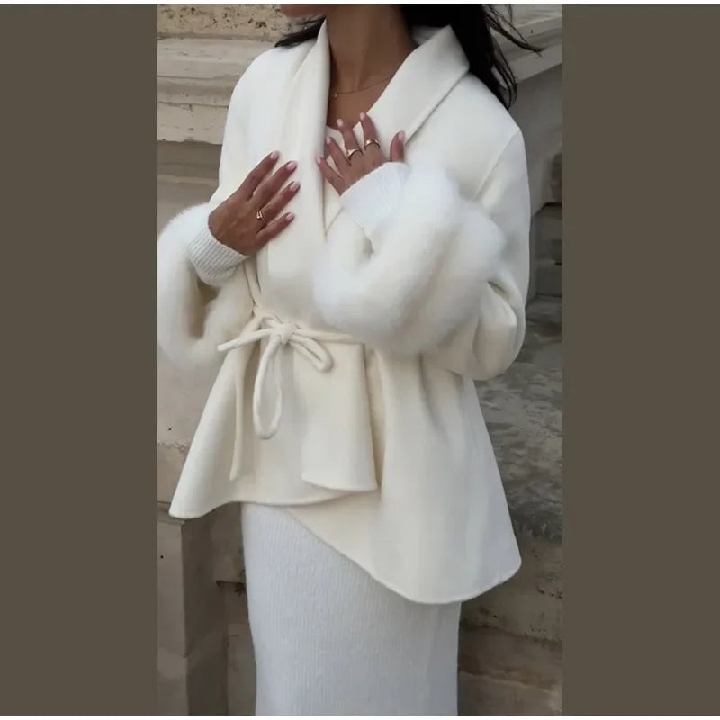 Elegant Fur Shawl Women's Coat Long Sleeve Patchwork Woolen Lace Up V-neck Solid Female Coats 2025 Autumn Winter Lady Jackets