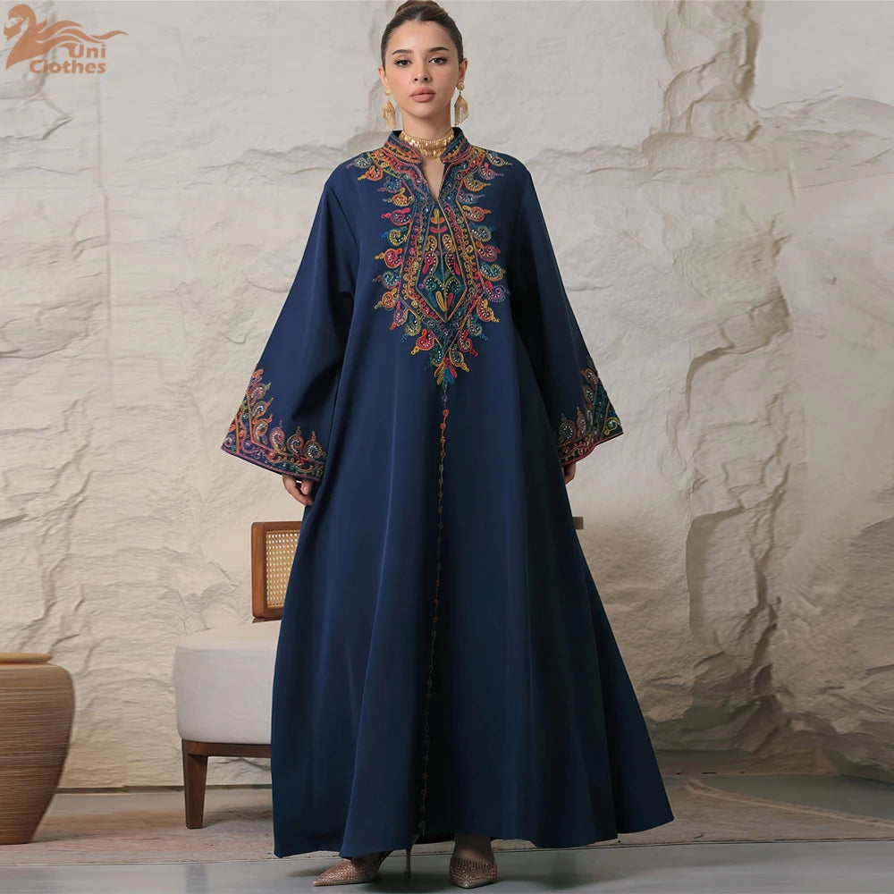 Uni Embroidery V-Neck Long Dress Dubai Arab Abaya For Muslim Woman Loose Moroccan Saudi Ethnic Jalabiya Fashion Robe 2026