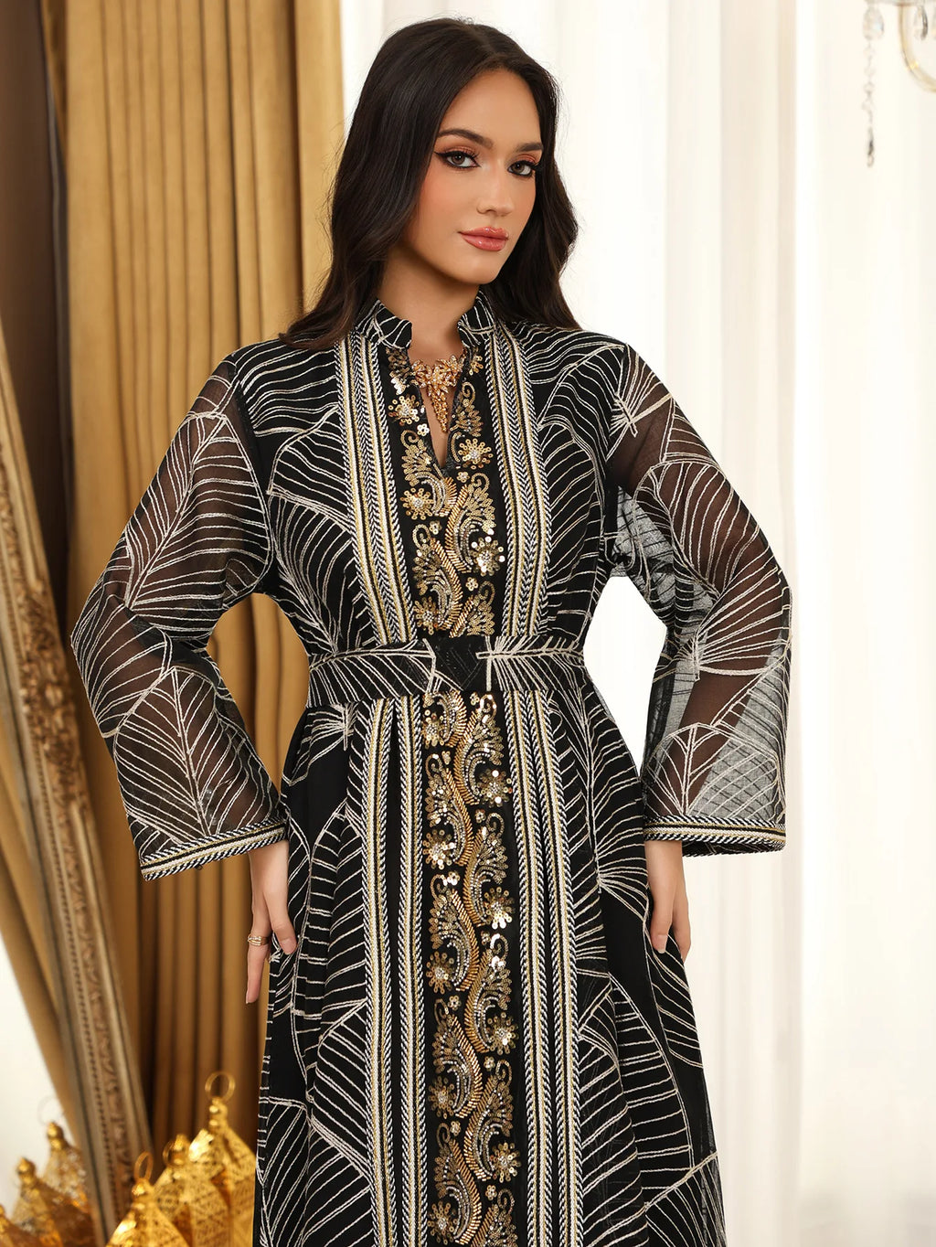 Women Mesh Sequins Dress Elegant Abaya  Eid Party Gorgeous Embroidery Dresses Lace-up Muslim Jalabiya  Vestidos Largos Robe 2025
