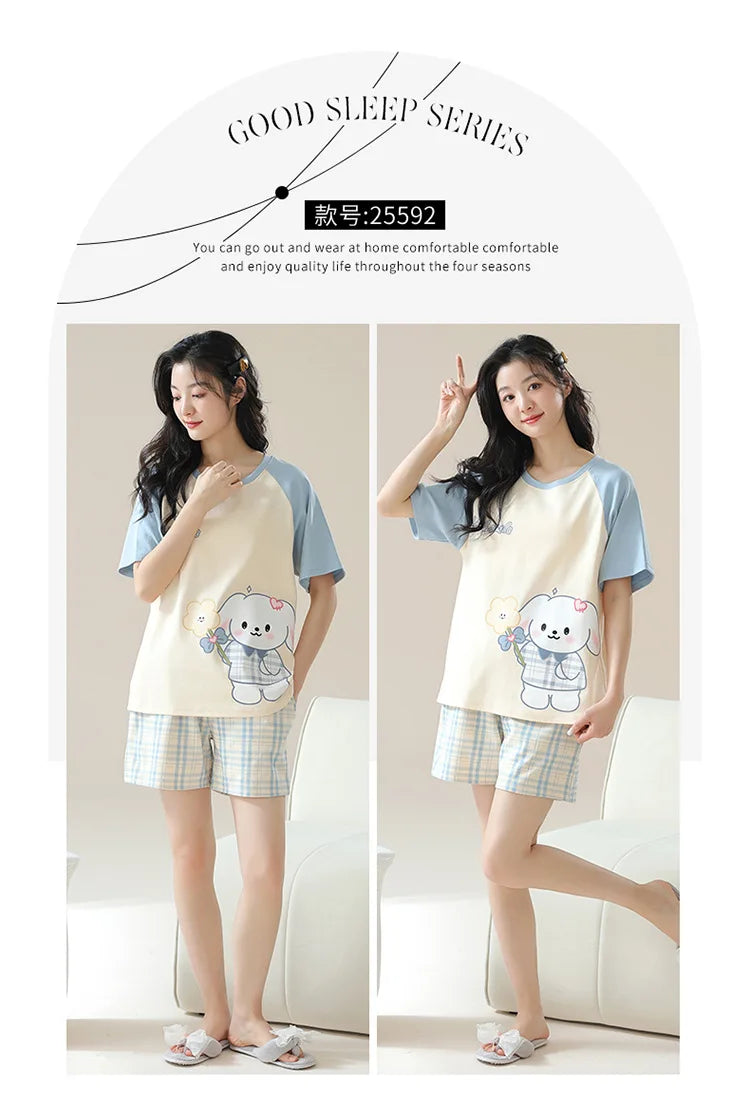 Female Summer Pijamas Short Women Cotton Pajamas Sleeve Shorts Nightwear Sweet Sleepwear Cartoon Pyjamas Woman Home Suit