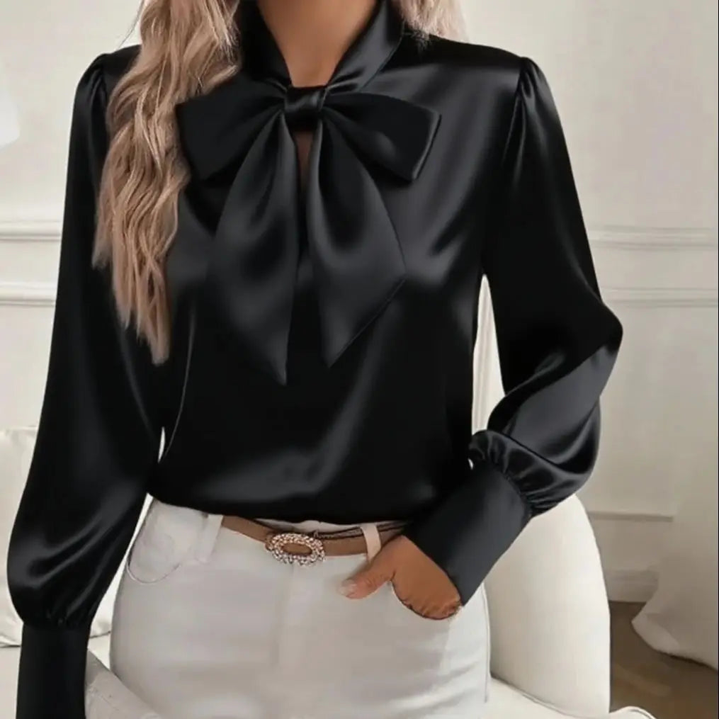 Women's Satin Solid Color Bow Tie Neck Long Sleeve Dressy Elegant Tie Neck Blouse Shirt Tops, Casual Office Work Blouse Tops