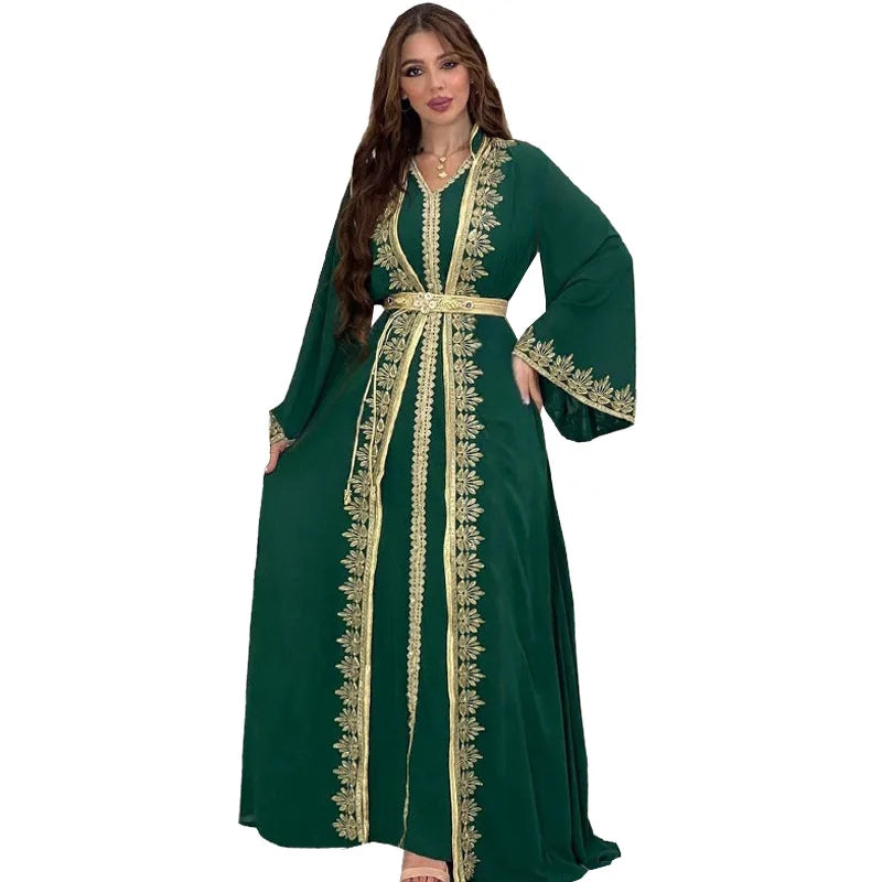 Dress Suit Women Eid Muslim Abaya Party Dresses 2 Piece Sets Embroidery Sashes Ramadan Dubai Kaftan Vestidos Jalabiya Long Robe