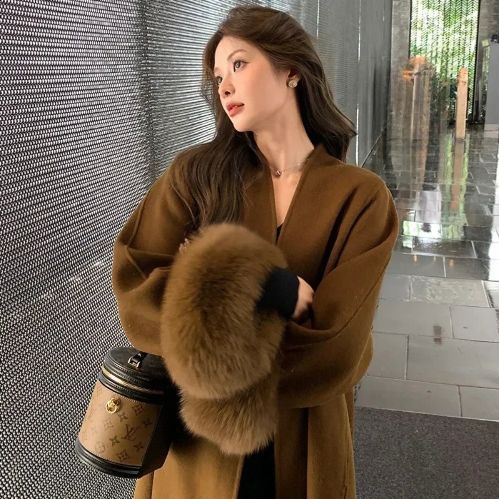 Elegant Warm Woolen Coats Real Fur Jacket with Belt Loose Fashion Outerwears 2024 Women Big Fur Collar Overcoats Female