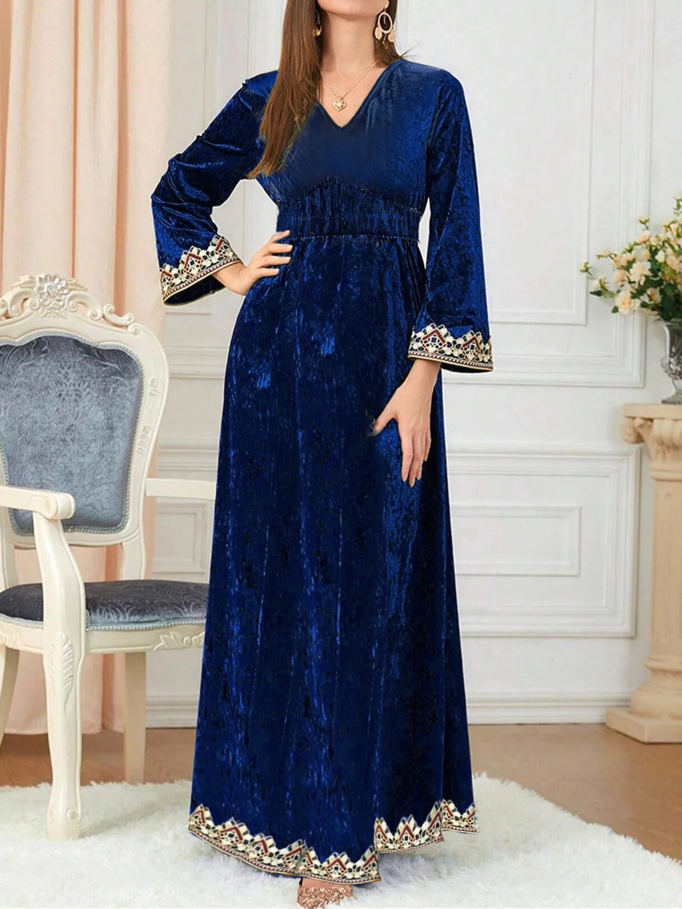 SuperAen Fashion Autumn and Winter New Dress Velvet Fashionable Elegant V-neck Pullover Long A-line Dresses