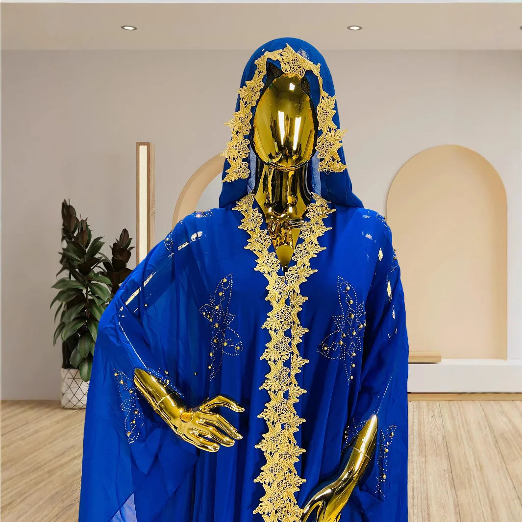 Abaya New Fashion American European Women's Black Blue Loose Hooded Long Sleeve Ankle Length Embroideried Diamond Studded Dress