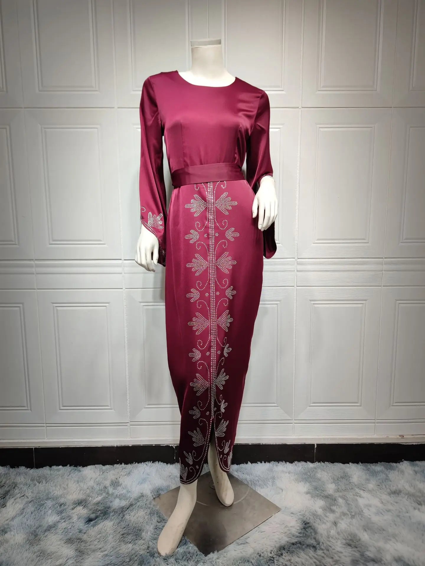 Elegant Satin Evening Gown Muslim Dress Women Abaya Long Sleeve Turkish Dresses Stylish Diamond Women Maxi Dress Dubai Kaftan