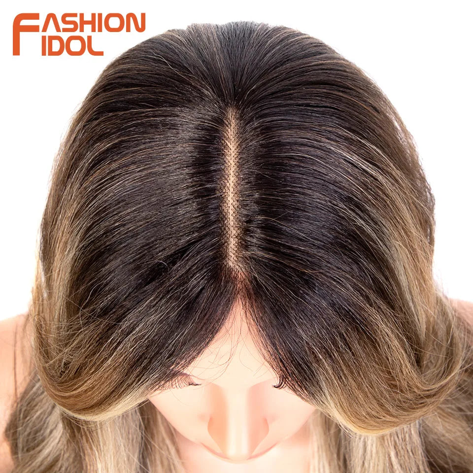 FASHION IDOL 34 Inch Lace Front Wigs Synthetic Ombre Blonde Brown Colorful Wigs For Women Heat Resistant Fiber Cosplay Wigs