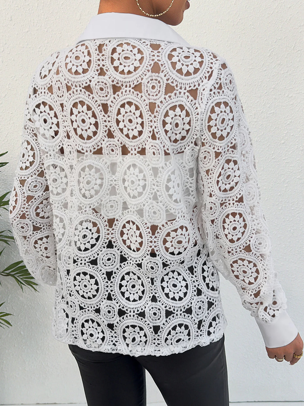 Paisley Lace Button Front Blouse, Hollow Out Long Sleeve Blouse For Spring & Summer, Women's Clothing