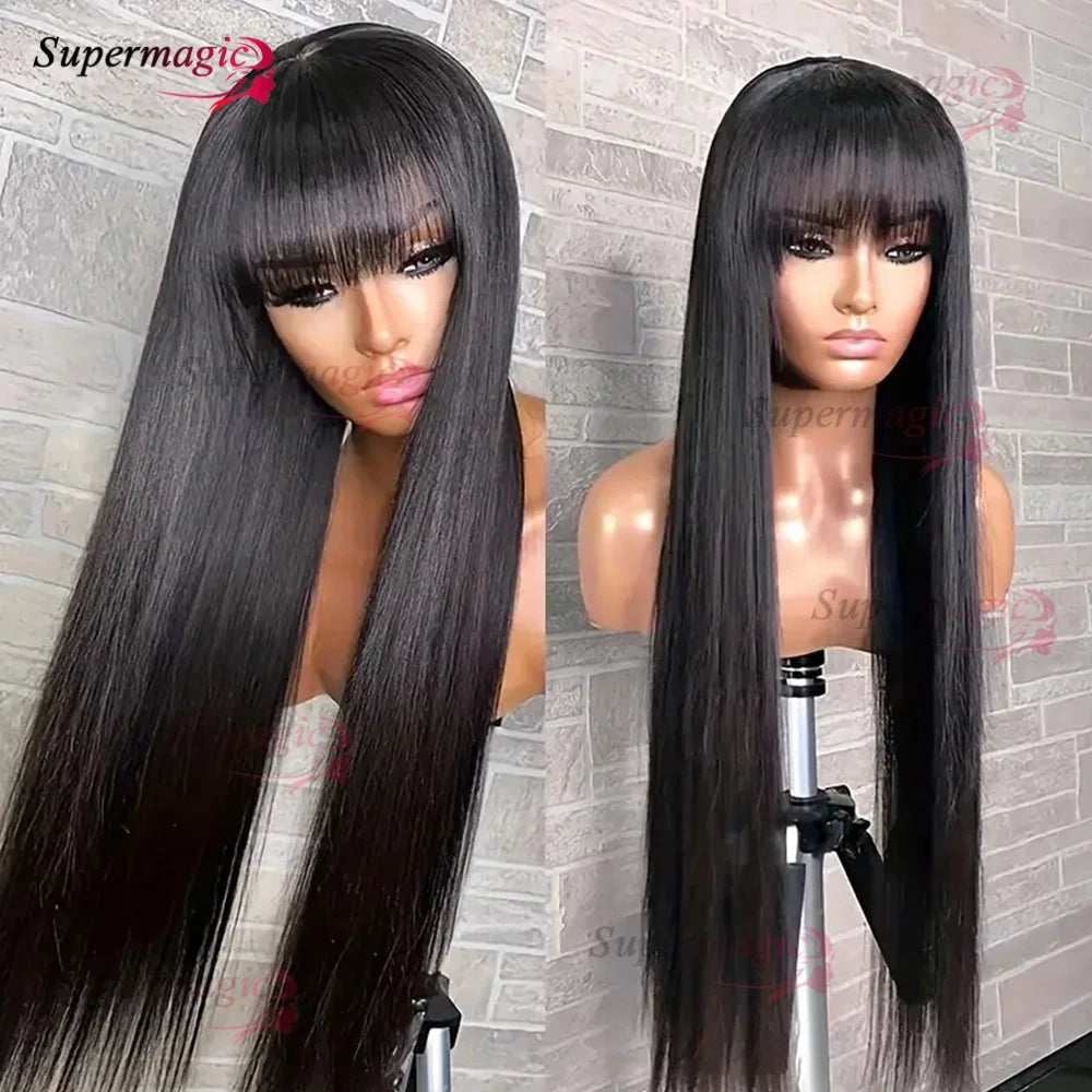 Raw Indian Bone Straight Human Hair With Bangs 4x4 Lace Middle Part Wigs For Black Women Brazilian 30 32 Inch Cheap Glueless Wig