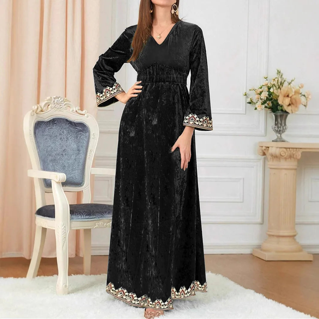 SuperAen Fashion Autumn and Winter New Dress Velvet Fashionable Elegant V-neck Pullover Long A-line Dresses