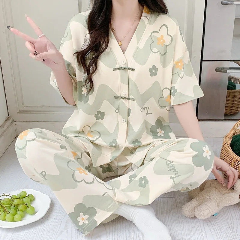 Summer Thin Short-sleeved Cotton Women's Pajama Set Nightwear Long Pants Womens Pajama Sets Sleepwear Lounge Home Fashion