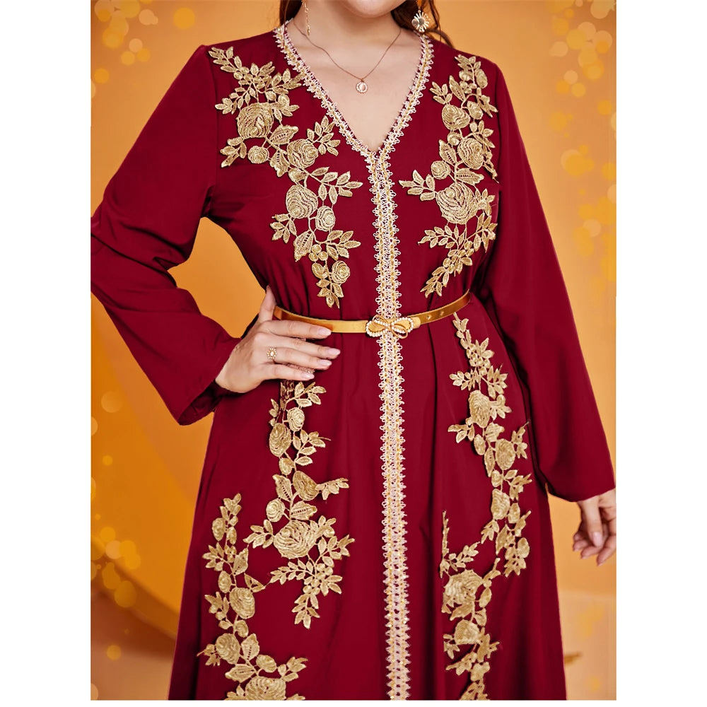 Women Fashion Muslim Embroidery Maxi Dress Belted Kaftan Marocain Abaya Dubai Gown Turkey Femme Caftan Ramadan Eid Jalabiya Robe