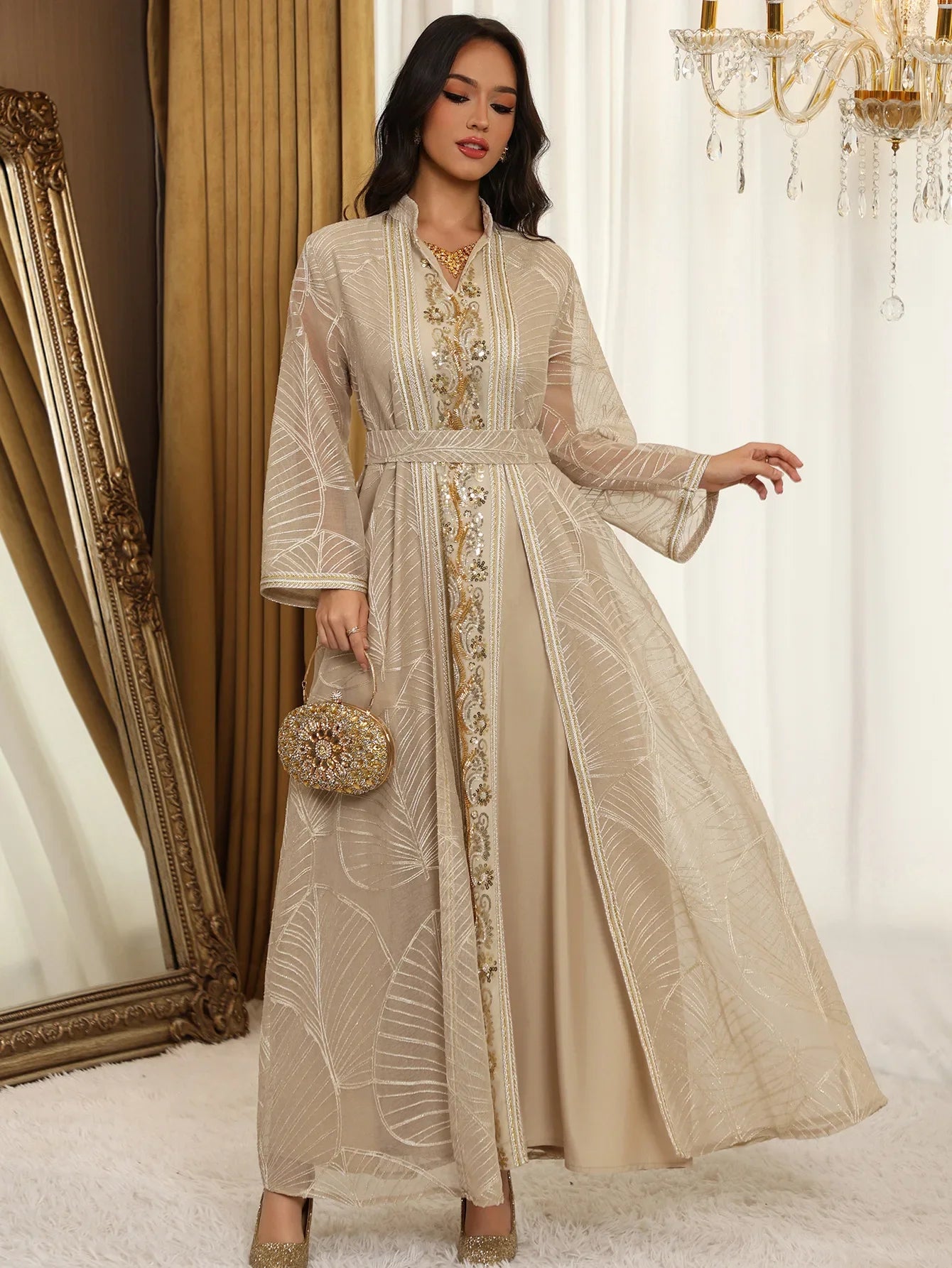Women Mesh Sequins Dress Elegant Abaya  Eid Party Gorgeous Embroidery Dresses Lace-up Muslim Jalabiya  Vestidos Largos Robe 2025