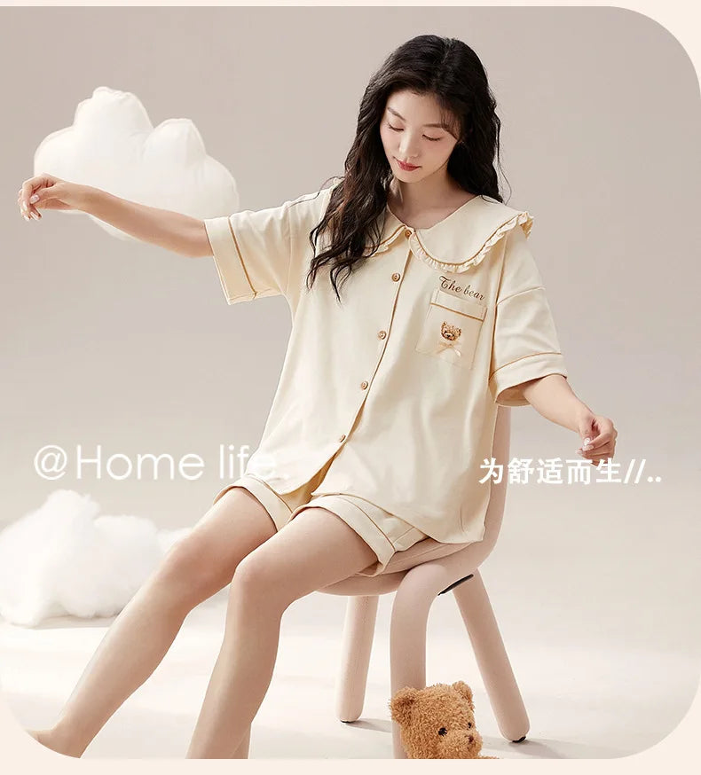 Dropshipping Female Pijamas Cartoon Summer Short Women Pajamas Sleeve Shorts Nightwear Sweet Sleepwear Pyjamas Woman Home Suit