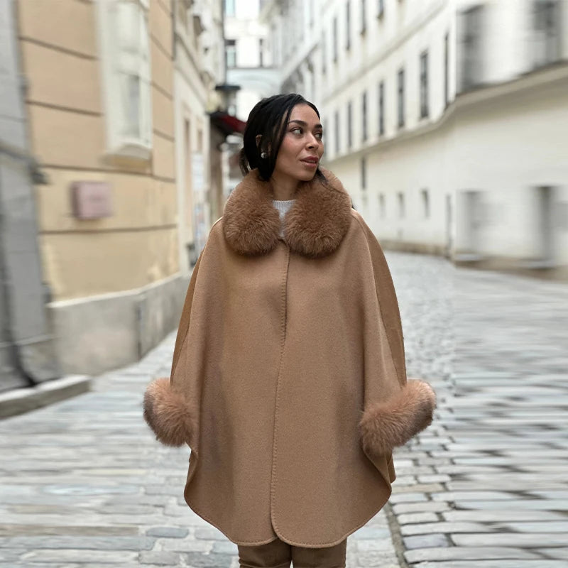 Elegant Fur Patchwork Shawl Coat Women Khaki Woolen Long Sleeve Lapel Open Stitch Loose Coats 2025 Fashion Autumn Winter Outwear