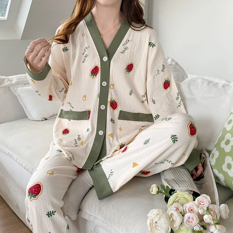 Sexy Pajamas Women's Long-sleeved Cotton Sleepwear Night Gown Home Clothes Pajamas Lounge Wear Loose Suit Home Service