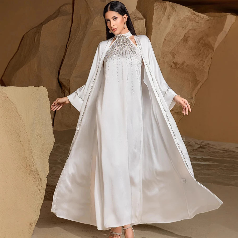 Ramadan White Dubai Satin Evening 2 Piece Set Abaya Muslim Prayer Clothes African Dresses For Women Robe Femme Musulmane Kaftan