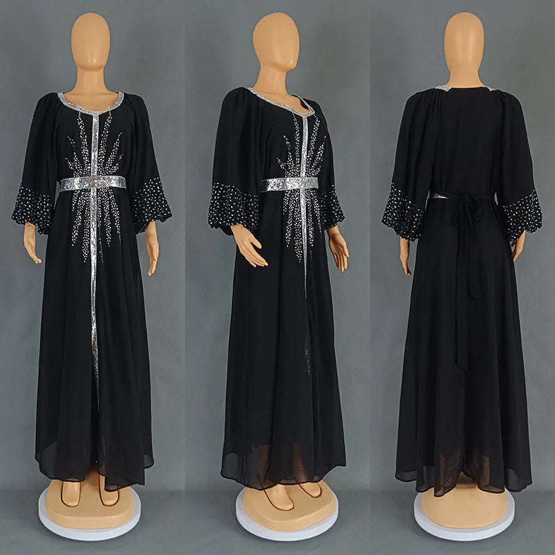 New 2025 Chiffon Diamonds Abayas for Women Luxury Dubai Abaya Turkey Kaftan Muslim Dress Djellaba Jalabiya Caftan Marocain Femme